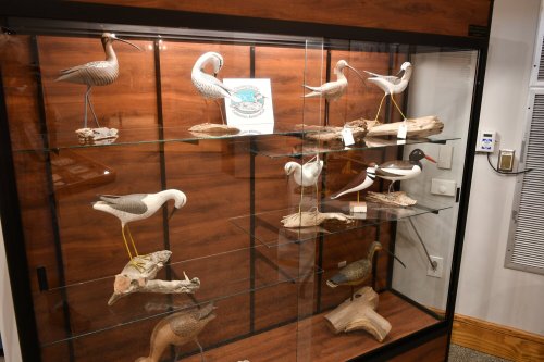 A display case featuring various wooden bird carvings on shelves, with a sign in the background.