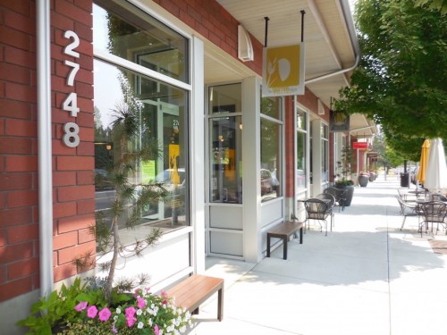 A storefront with large windows, a bench, and flower planters, located on a sunny sidewalk.