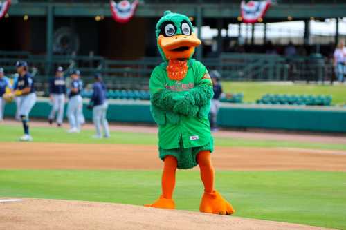 A green duck mascot in an orange and green outfit stands on a baseball field, with players in the background.