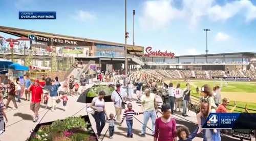 Rendering of a bustling baseball park with crowds, food vendors, and a modern stadium design under a blue sky.