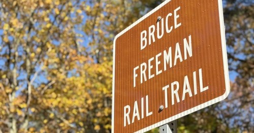 view of the brown sign with white lettering for the bruce freeman rail trail in massachusetts during fall