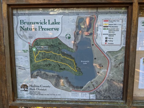 Map of Brunswick Lake Nature Preserve, showing trails, parking, and surrounding areas in Medina County Park District.