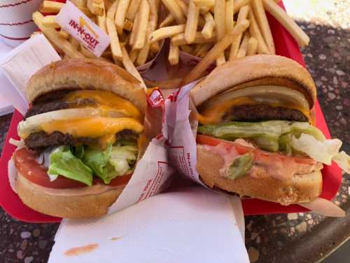 A close-up of two cheeseburgers with lettuce, tomato, and pickles, served with a side of golden fries.