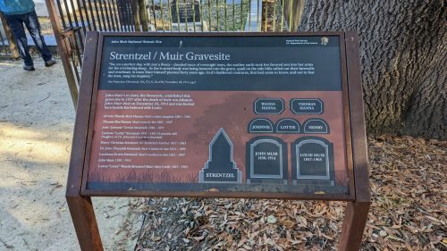 Sign at Strentzel/Muir Gravesite detailing family members and their years of birth and death.