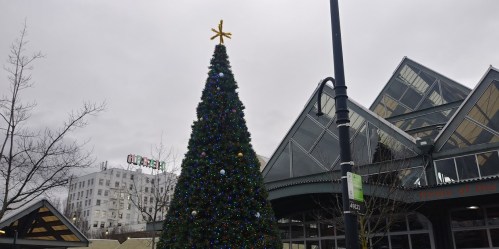 A tall Christmas tree adorned with colorful ornaments stands outside a modern building under a cloudy sky.