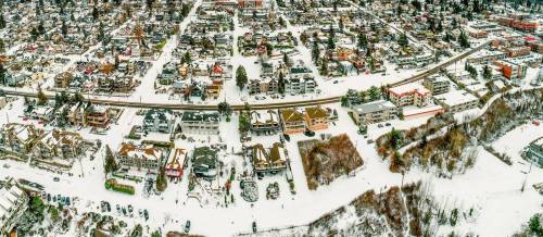 Aerial view of a snowy town, showcasing residential areas, roads, and buildings blanketed in white.