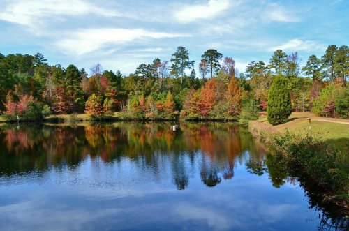 A serene lake surrounded by colorful autumn trees reflecting in the water under a blue sky.