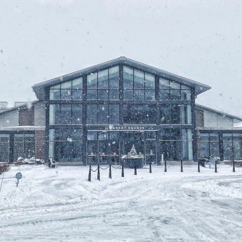 A modern building with large glass windows, surrounded by snow, during a heavy snowfall.