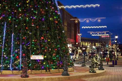 A festive street scene featuring a large decorated Christmas tree and colorful holiday lights illuminating the area.
