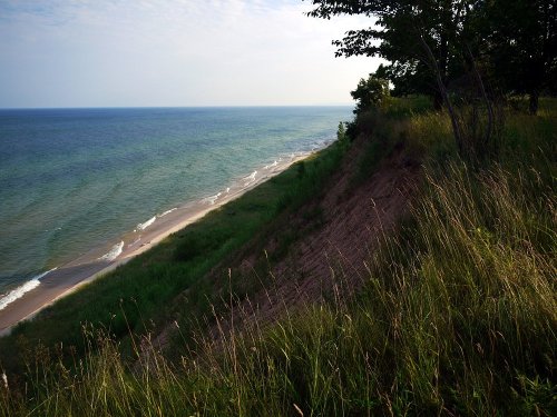 A scenic view of a sandy beach along a blue lake, with grassy cliffs and trees in the foreground.