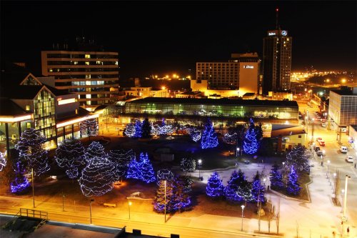 A nighttime cityscape featuring illuminated trees and buildings, with vibrant blue lights adorning the landscape.
