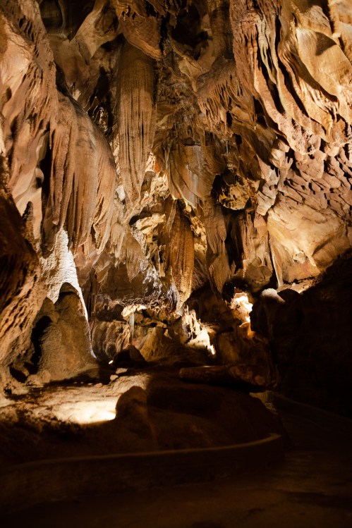 A dimly lit cave interior with intricate rock formations and stalactites hanging from the ceiling.