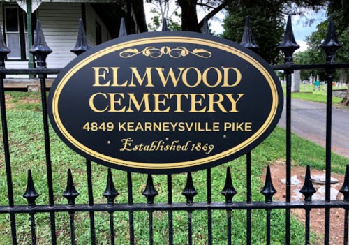 Sign for Elmwood Cemetery, located at 4849 Kearneysville Pike, established in 1869.