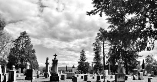 A black and white image of a cemetery with various gravestones and trees under a cloudy sky.