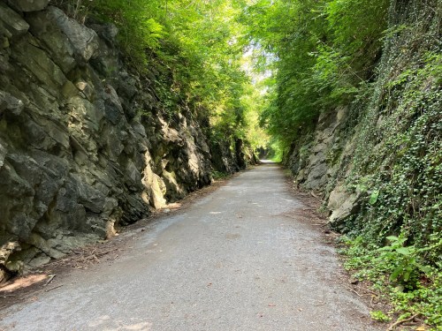 A narrow, tree-lined path flanked by rocky walls, leading into a lush, green landscape.