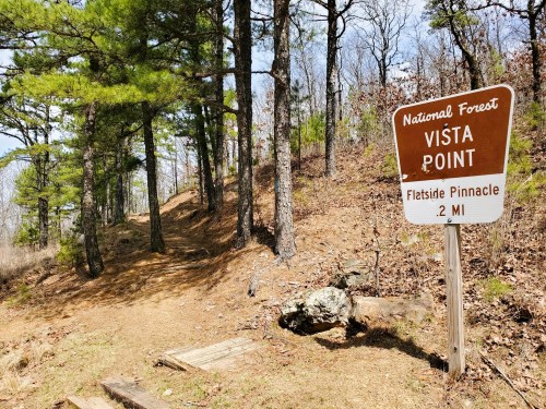 Sign for Vista Point in a national forest, with a trail leading through trees and a rocky path. Distance to Fletstide Pinnacle: 0.2 miles.