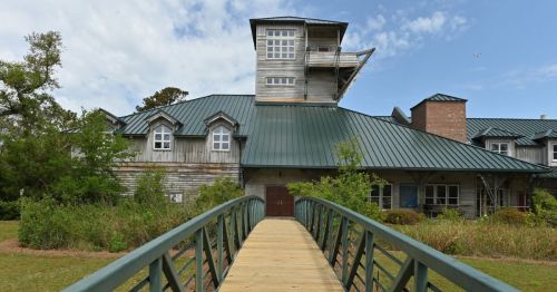 A wooden building with a green metal roof, featuring a tower and a wooden walkway leading to it, surrounded by greenery.