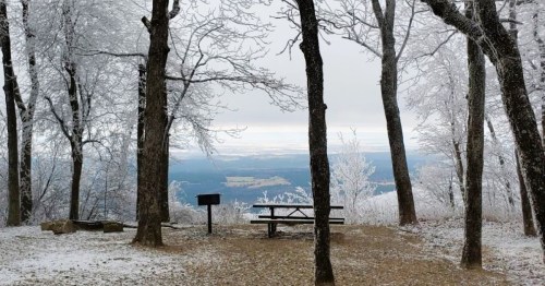 A snowy landscape with bare trees, a picnic table, and a view of distant hills under a cloudy sky.