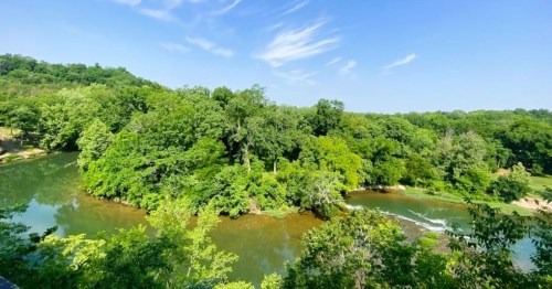A serene river winding through lush green trees under a clear blue sky.
