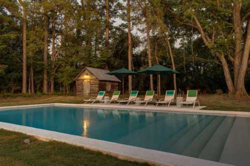 A serene pool surrounded by trees, with lounge chairs and a rustic cabin in the background at dusk.