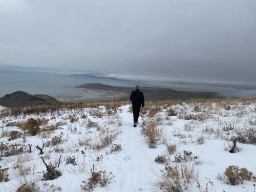 A person walks along a snowy trail overlooking a lake and distant mountains under a cloudy sky.