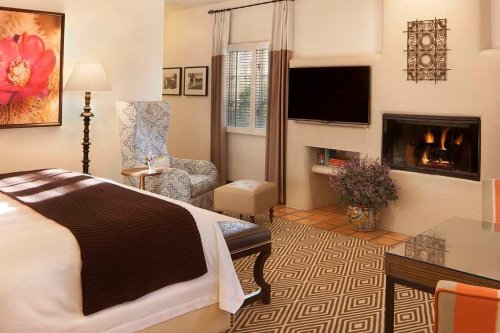 Cozy hotel room featuring a bed, armchair, TV, fireplace, and decorative plants in a warm, inviting atmosphere.
