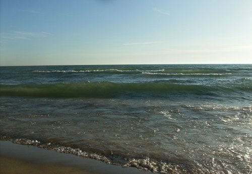 A serene beach scene with gentle waves lapping at the shore under a clear sky.