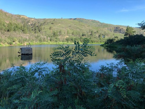 A serene lake surrounded by greenery and hills, with a small dock visible on the water.