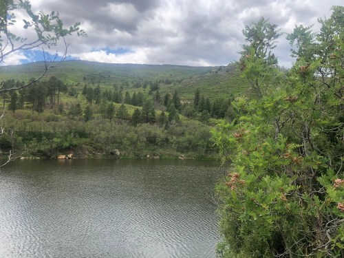 A serene lake surrounded by lush greenery and hills under a cloudy sky.