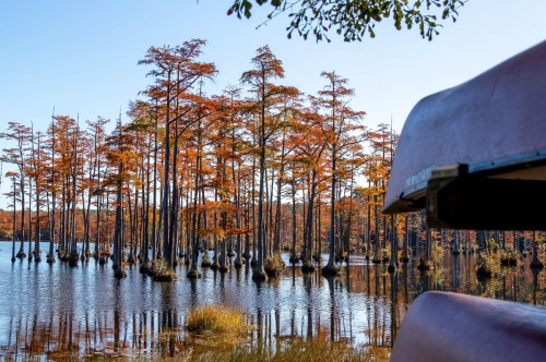 Autumn trees reflect in calm water, with a canoe in the foreground and vibrant orange foliage in the background.