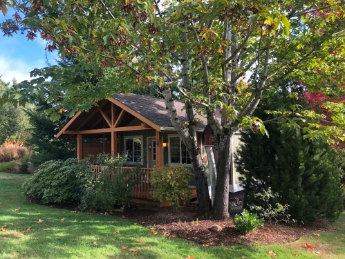 A cozy cabin surrounded by trees and greenery, featuring a porch and colorful autumn foliage.