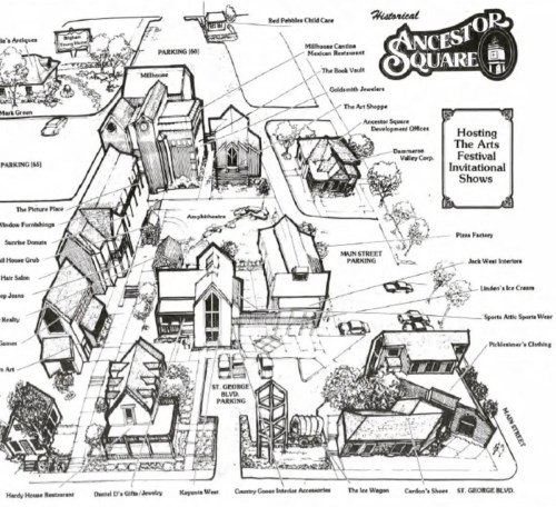 Map of Ancestor Square, highlighting parking areas and locations for the Arts Festival Invitational Shows.