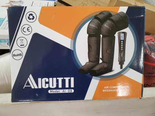Box for AICUTTI AI-03 air compression massager, featuring product image and control panel display.