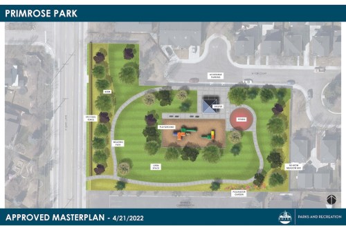 Map of Primrose Park master plan, featuring pathways, playground, sports area, and landscaping details. Approved 4/21/2022.