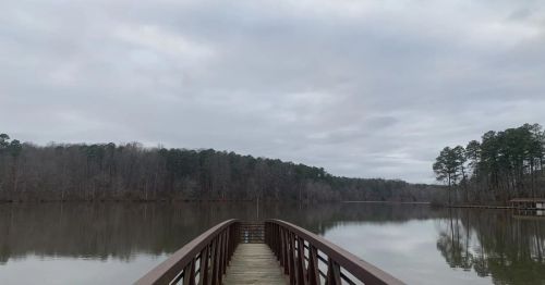 A wooden dock extends over a calm lake, surrounded by trees under a cloudy sky.