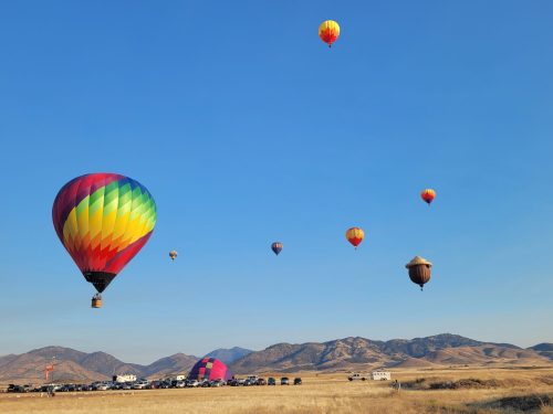 A colorful array of hot air balloons floats in a clear blue sky over a mountainous landscape.