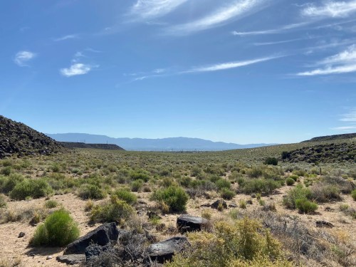 A wide desert landscape with sparse vegetation, rocky terrain, and distant mountains under a clear blue sky.