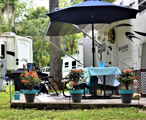 A cozy campsite with an umbrella, table, chairs, and potted flowers beside an RV in a green, wooded area.
