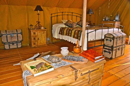 Cozy tent interior with a bed, wooden furniture, decorative items, and vintage trunks on a wooden floor.