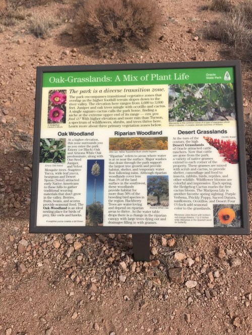 Sign describing the Oak-Grasslands ecosystem, highlighting diverse plant life and different woodland types.