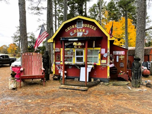 A colorful burger stand with a red exterior, surrounded by trees and autumn foliage, featuring rustic decor and signage.