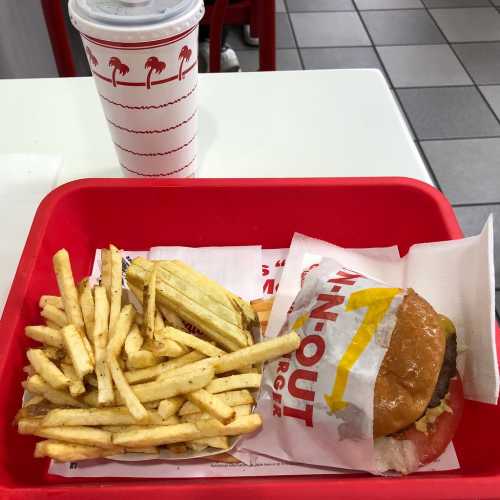 A red tray with a burger wrapped in paper, a serving of fries, and a drink with a palm tree design.