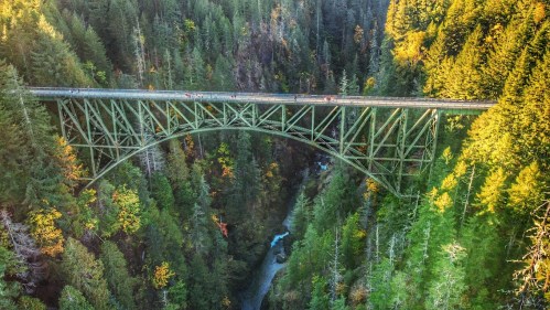 Aerial view of a green bridge spanning a forested canyon with a river below, surrounded by autumn foliage.