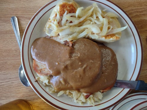 A plate of food featuring sliced meat with brown gravy, sauerkraut, and sautéed onions, alongside dumplings.