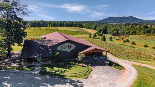 Aerial view of a winery building surrounded by lush vineyards and rolling hills under a clear blue sky.