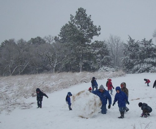 Children playing in the snow, building a large snowball, with trees and a snowy landscape in the background.