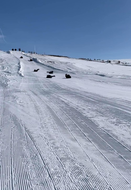 People sledding down a snowy hill on a clear, sunny day, with a blue sky and groomed snow tracks.