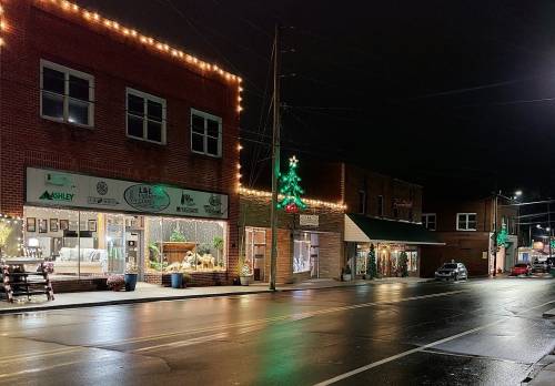 A festive street scene at night, featuring shops adorned with holiday lights and decorations, including a Christmas tree.