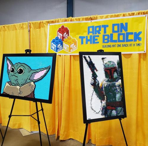 Two LEGO art displays featuring a character resembling Baby Yoda and Boba Fett, set against a yellow backdrop.