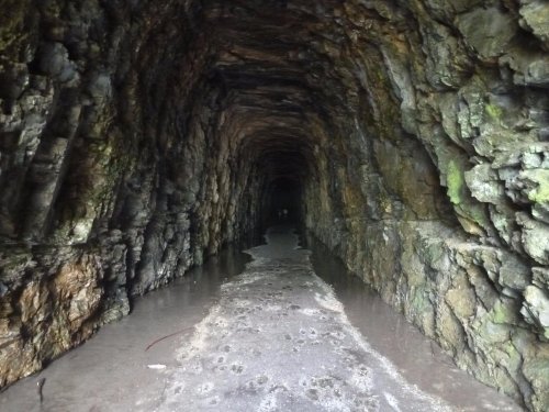 A dark, rocky tunnel with wet ground, leading into a shadowy interior.